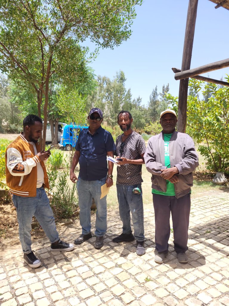 Kasahun, Tessema, Kubrom und Getachew besprechen der Reparatur-arbeiten an dem Museumsgebäude.