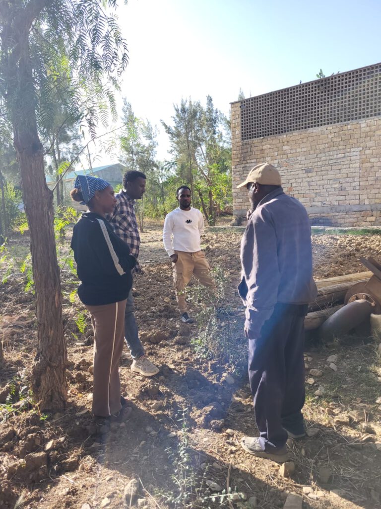 Alemtsehay, Efrem, Kasahun und Getachew diskutieren neue Ideen für die Bewässerung des botanischen Gartens.